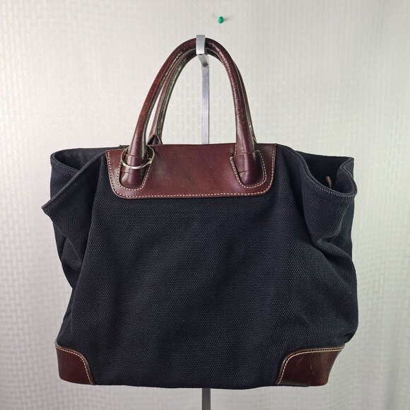Levenger Leather Brown and Black Canvas Tote Carryall Bag Great condition - Picture 2 of 6